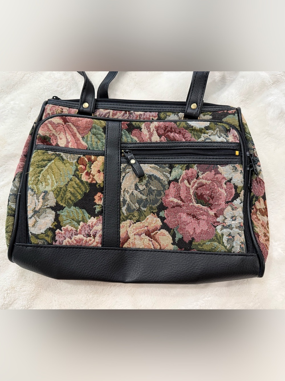 Vintage Rose Floral Tapestry Shoulder Bag Built In Wallet Organizer